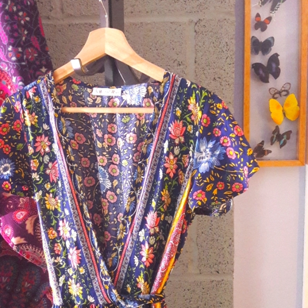 R. VOVIMOS BOHO Maxi Wrap Dress Blue Floral S 4/6